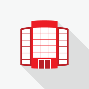 Red icon of large office building