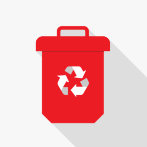 a red trash can with a recycling symbol on it