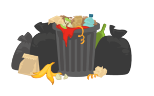 a cartoon illustration of a trash can filled with garbage