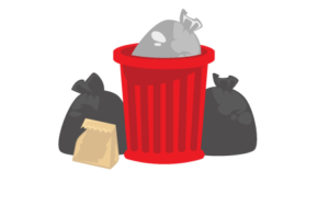 a red trash can is surrounded by garbage bags and a brown bag