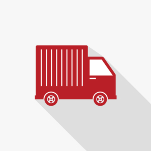 a red delivery truck with a long shadow on a white background