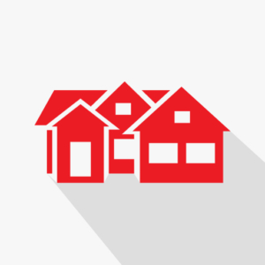 a red house icon with a long shadow on a white background .
