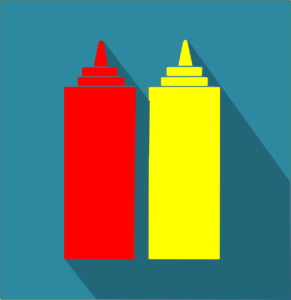 Red and yellow condiment bottles on a blue background