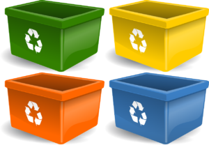 green, yellow, orange and blue recycling containers