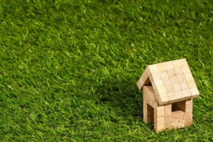 Small wooden house structure on a grassy background